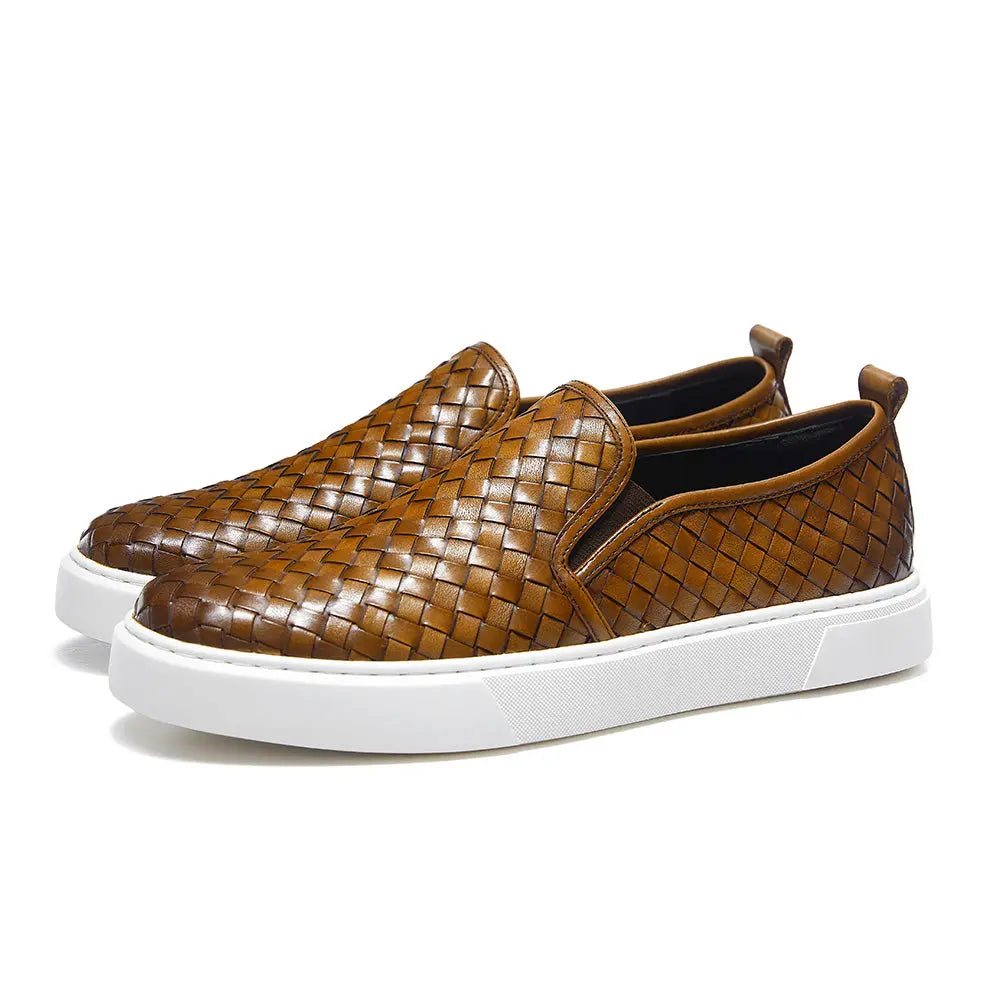 Gifennse Men's Hand-Woven Leather Business Casual Platform Sneakers