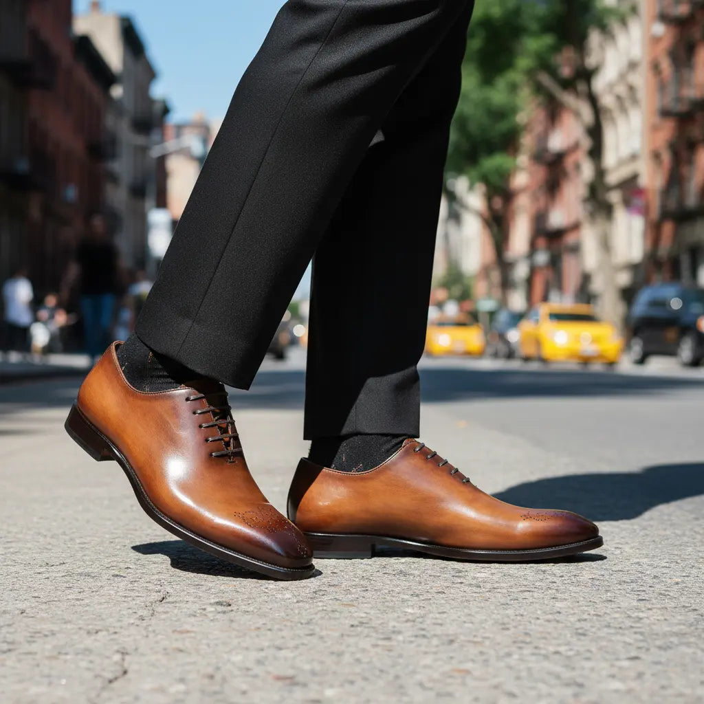 Brown dress shoes on a city street with blurred background