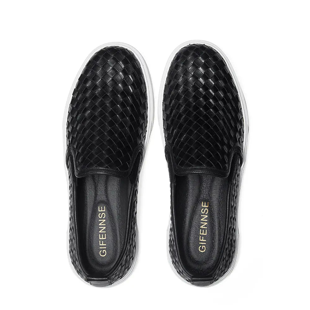Gifennse Men's Hand-Woven Leather Business Casual Platform Sneakers