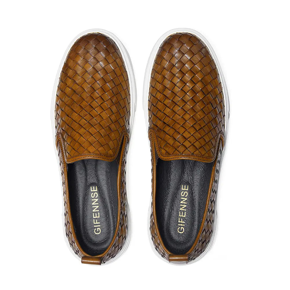 Gifennse Men's Hand-Woven Leather Business Casual Platform Sneakers
